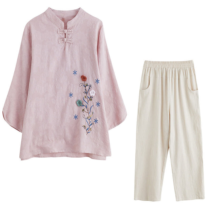 Chemise femme vintage d'été en coton et lin avec broderie florale stéréoscopique et manches trois-quarts et boutons grenouille - image 16