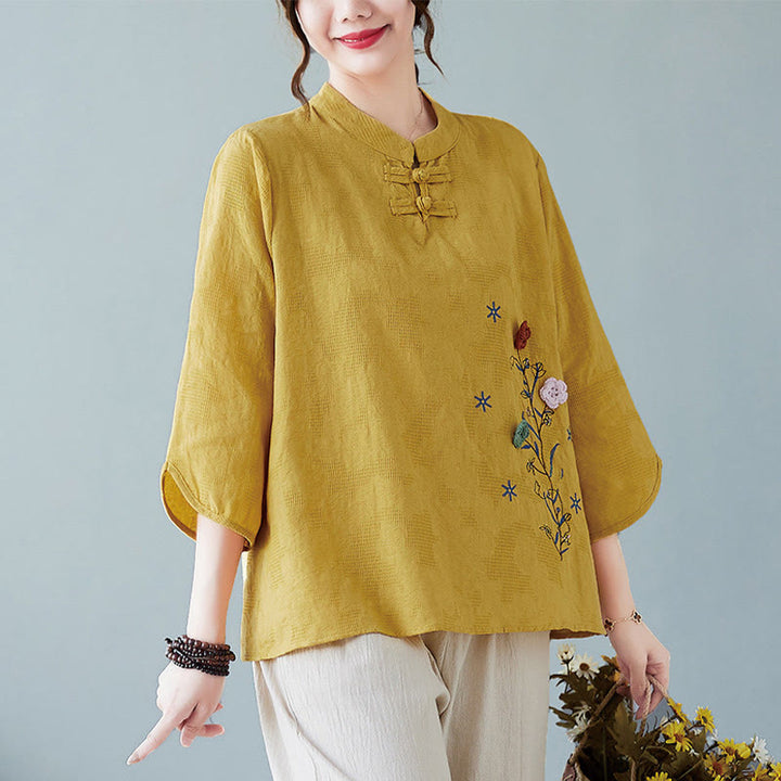 Chemise femme vintage d'été en coton et lin avec broderie florale stéréoscopique et manches trois-quarts et boutons grenouille - verge d'or - US12，UK/AU16，EU44 (3XL) - image 0