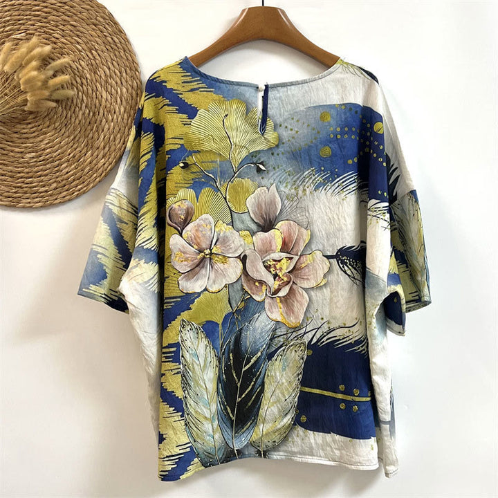 T-shirt décontracté à manches courtes et col ras du cou pour femme, motif Buddha Stones, feuilles, plumes, polyester