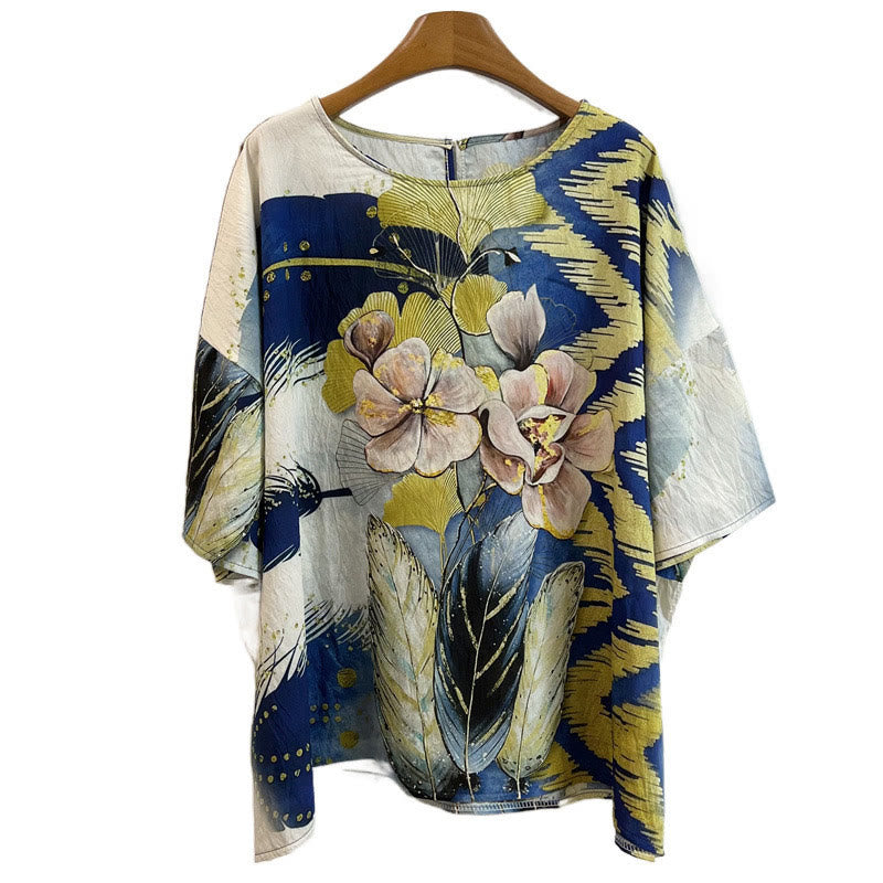 T-shirt décontracté à manches courtes et col ras du cou pour femme, motif Buddha Stones, feuilles, plumes, polyester