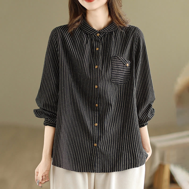 Chemise femme en coton et lin à manches longues et revers boutonné avec poche, motif Buddha Stones, style décontracté, printemps - Noir - US8-10，UK/AU12-14，EU40-42 (2XL) - image 0