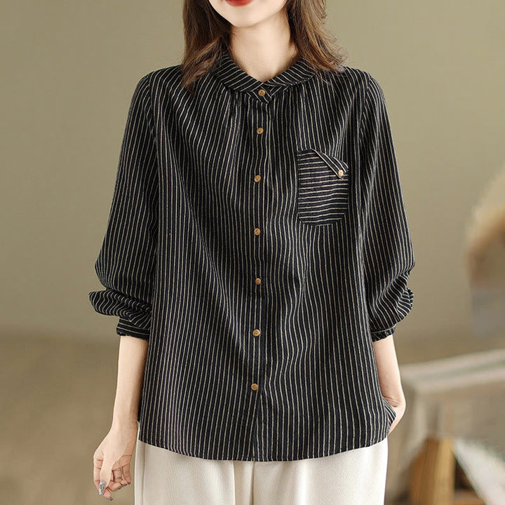 Chemise femme en coton et lin à manches longues et revers boutonné avec poche, motif Buddha Stones, style décontracté, printemps - Noir - US8-10，UK/AU12-14，EU40-42 (2XL) - image 0