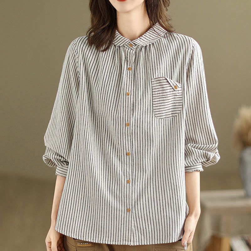 Chemise femme en coton et lin à manches longues et revers boutonné avec poche, motif Buddha Stones, style décontracté, printemps - image 10