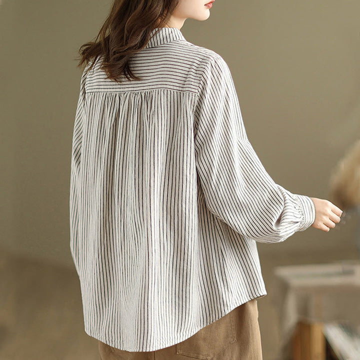 Chemise femme en coton et lin à manches longues et revers boutonné avec poche, motif Buddha Stones, style décontracté, printemps - image 7