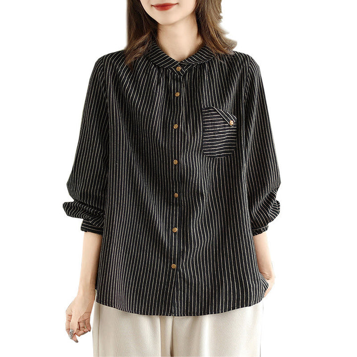 Chemise femme en coton et lin à manches longues et revers boutonné avec poche, motif Buddha Stones, style décontracté, printemps - image 5