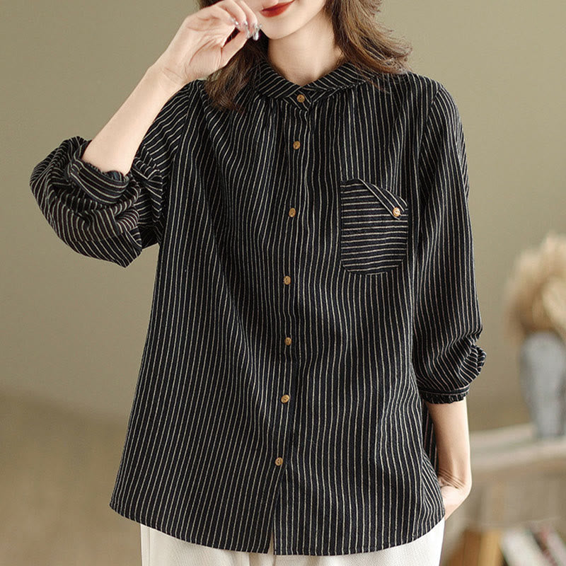 Chemise femme en coton et lin à manches longues et revers boutonné avec poche, motif Buddha Stones, style décontracté, printemps - image 1