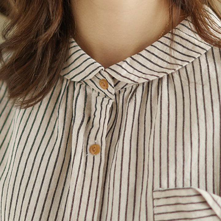 Chemise femme en coton et lin à manches longues et revers boutonné avec poche, motif Buddha Stones, style décontracté, printemps - image 12