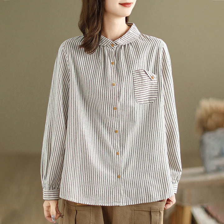 Chemise femme en coton et lin à manches longues et revers boutonné avec poche, motif Buddha Stones, style décontracté, printemps - image 8