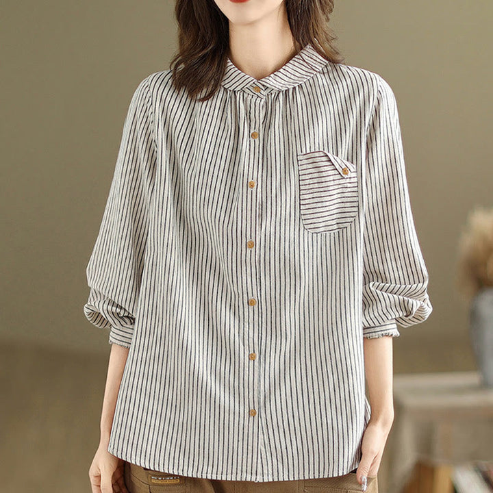 Chemise femme en coton et lin à manches longues et revers boutonné avec poche, motif Buddha Stones, style décontracté, printemps - image 10