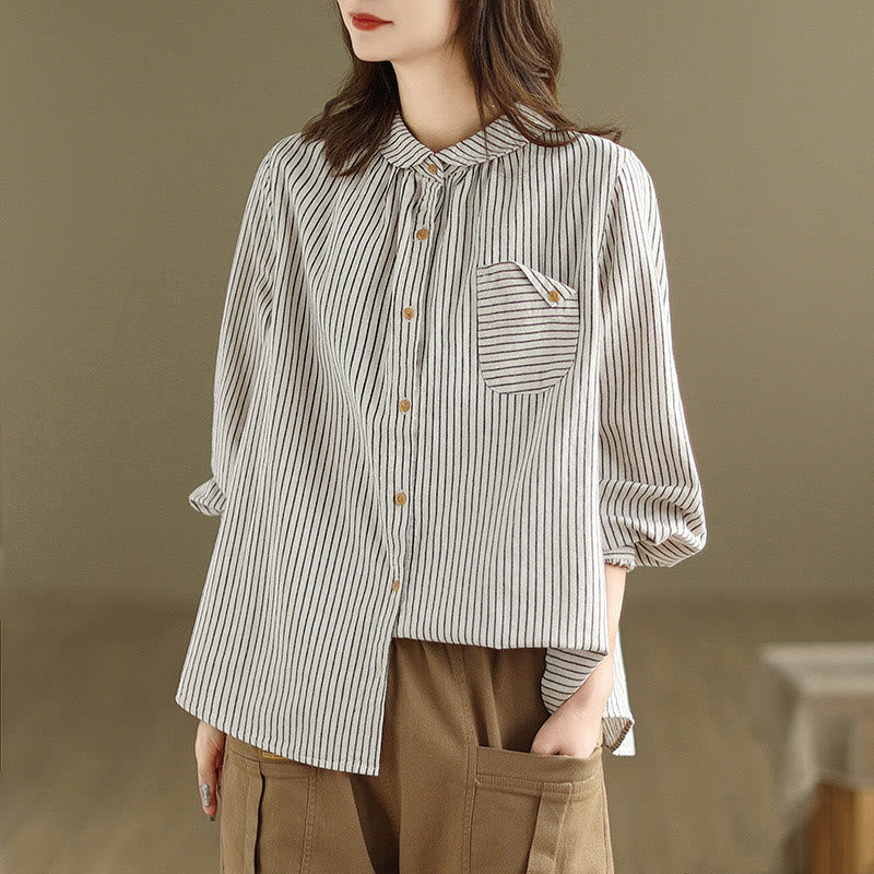 Chemise femme en coton et lin à manches longues et revers boutonné avec poche, motif Buddha Stones, style décontracté, printemps - image 11