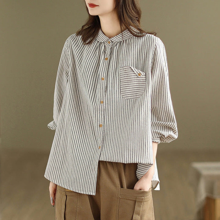 Chemise femme en coton et lin à manches longues et revers boutonné avec poche, motif Buddha Stones, style décontracté, printemps - image 11