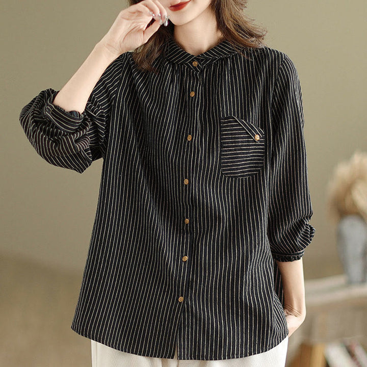 Chemise femme en coton et lin à manches longues et revers boutonné avec poche, motif Buddha Stones, style décontracté, printemps - image 1