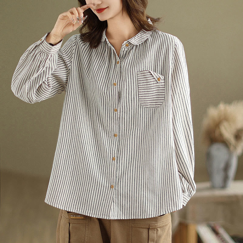 Chemise femme en coton et lin à manches longues et revers boutonné avec poche, motif Buddha Stones, style décontracté, printemps - WhiteSmoke - US8-10，UK/AU12-14，EU40-42 (2XL) - image 6
