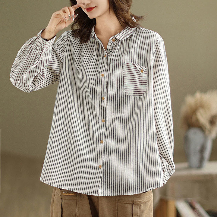 Chemise femme en coton et lin à manches longues et revers boutonné avec poche, motif Buddha Stones, style décontracté, printemps - WhiteSmoke - US8-10，UK/AU12-14，EU40-42 (2XL) - image 6