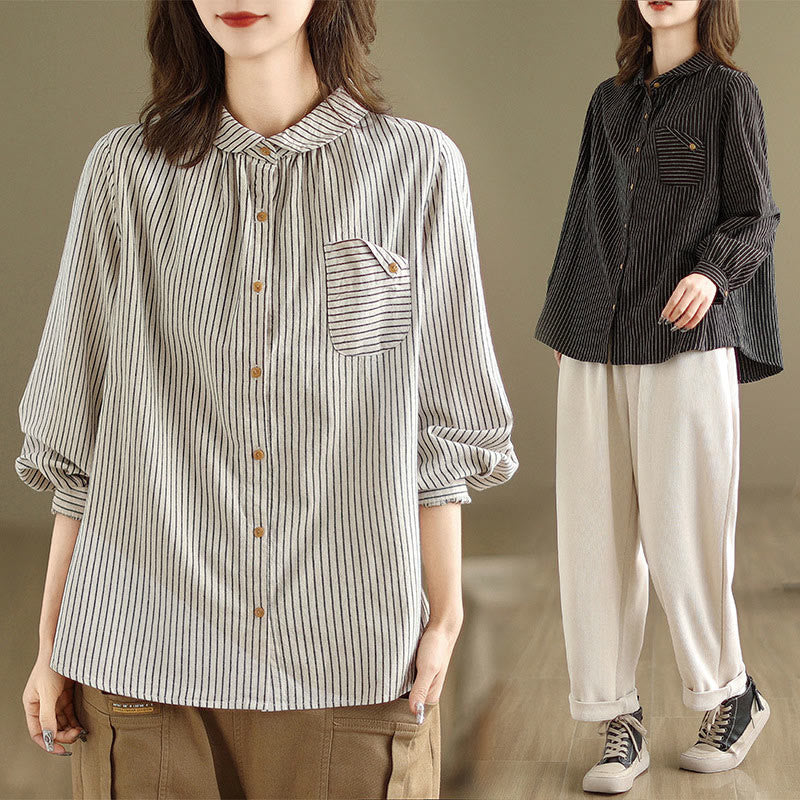 Chemise femme en coton et lin à manches longues et revers boutonné avec poche, motif Buddha Stones, style décontracté, printemps - image 16