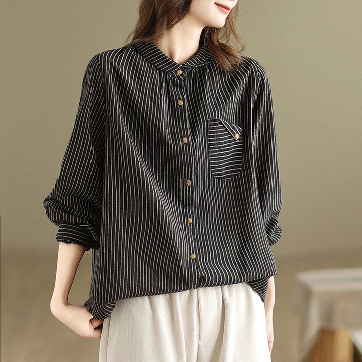 Chemise femme en coton et lin à manches longues et revers boutonné avec poche, motif Buddha Stones, style décontracté, printemps - image 4