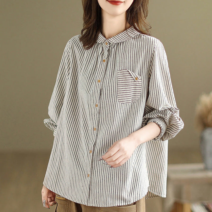Chemise femme en coton et lin à manches longues et revers boutonné avec poche, motif Buddha Stones, style décontracté, printemps - image 9