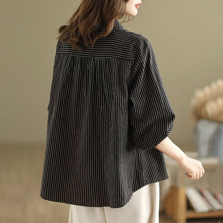 Chemise femme en coton et lin à manches longues et revers boutonné avec poche, motif Buddha Stones, style décontracté, printemps - image 2