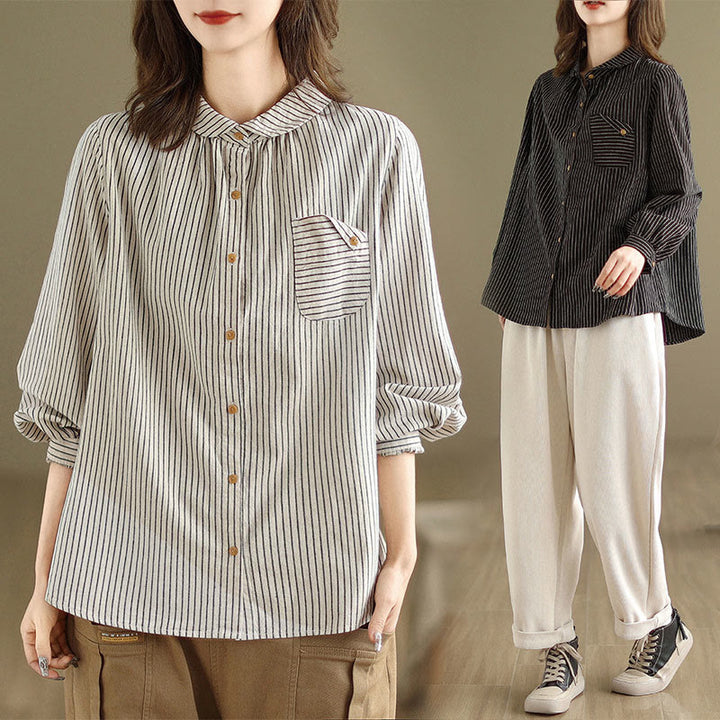 Chemise femme en coton et lin à manches longues et revers boutonné avec poche, motif Buddha Stones, style décontracté, printemps - image 16