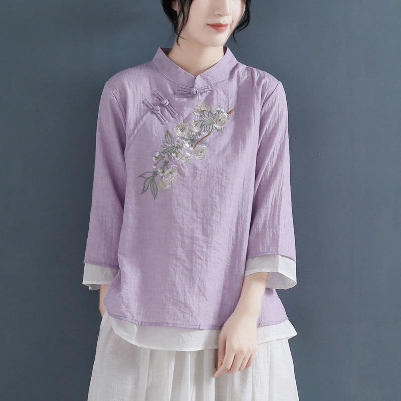 Chemise femme en coton et lin, manches trois-quarts, broderie de fleurs et Buddha Stones, col mandarin, boutons grenouille - Violet - US12，UK/AU16，EU44 (3XL) - image 7