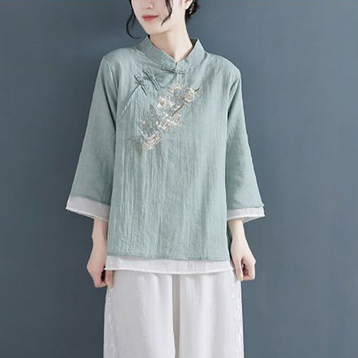 Chemise femme en coton et lin, manches trois-quarts, broderie de fleurs et Buddha Stones, col mandarin, boutons grenouille - Aigue-marine moyenne - US12，UK/AU16，EU44 (3XL) - image 13