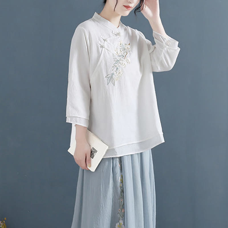 Chemise femme en coton et lin, manches trois-quarts, broderie de fleurs et Buddha Stones, col mandarin, boutons grenouille - image 4