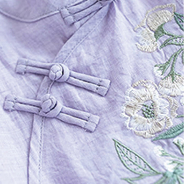 Chemise femme en coton et lin, manches trois-quarts, broderie de fleurs et Buddha Stones, col mandarin, boutons grenouille - image 10