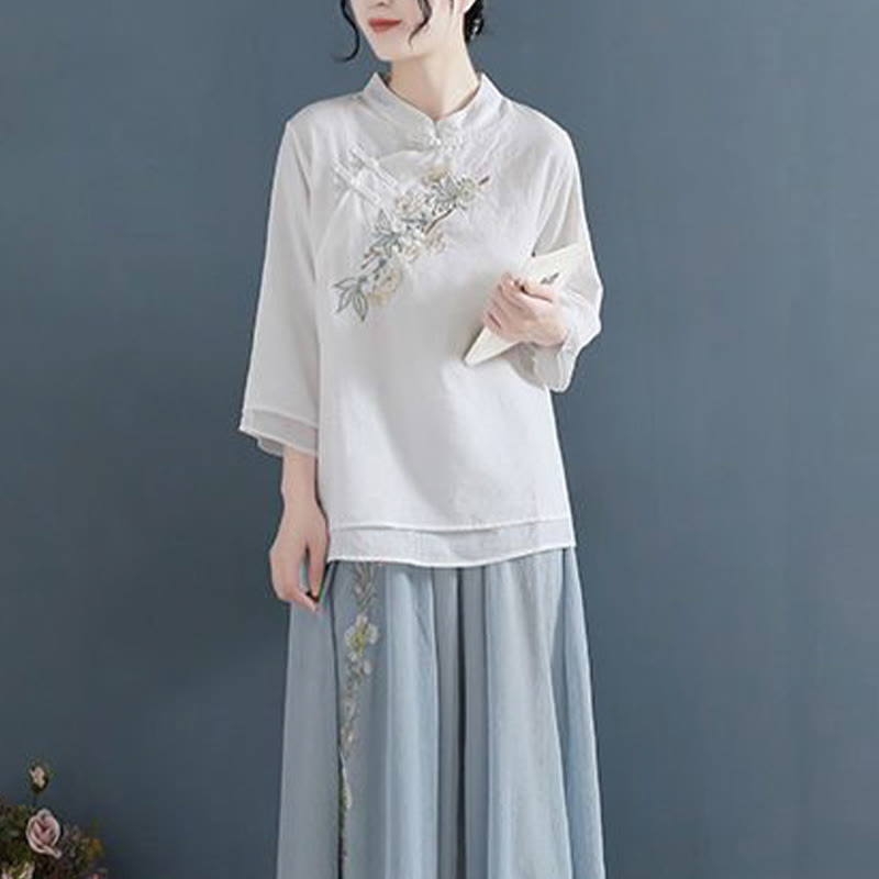Chemise femme en coton et lin, manches trois-quarts, broderie de fleurs et Buddha Stones, col mandarin, boutons grenouille - image 6