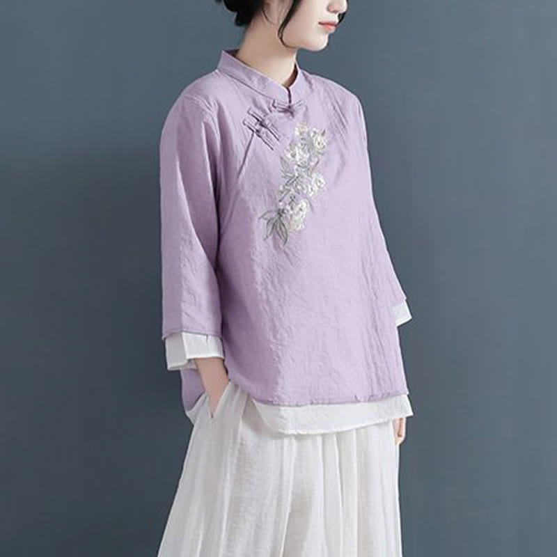 Chemise femme en coton et lin, manches trois-quarts, broderie de fleurs et Buddha Stones, col mandarin, boutons grenouille - image 8