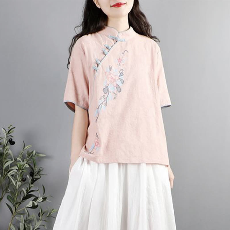 Chemise femme en coton et lin à manches mi-longues et col mandarin avec broderie de fleurs et Buddha Stones - image 4