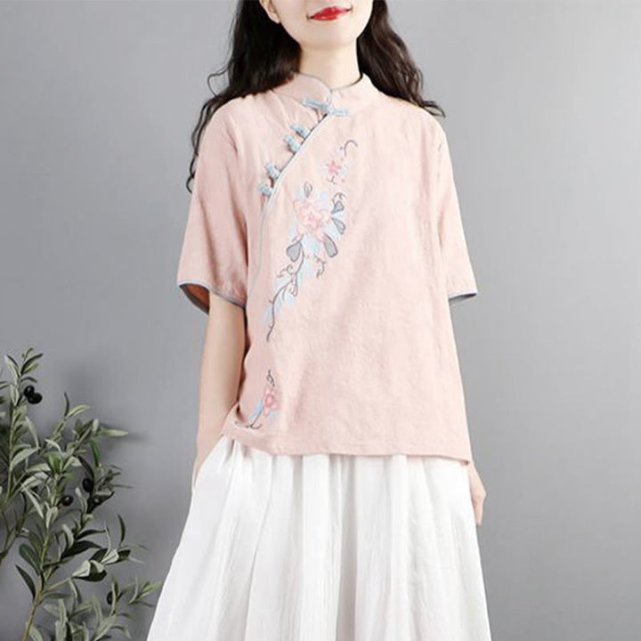 Chemise femme en coton et lin à manches mi-longues et col mandarin avec broderie de fleurs et Buddha Stones - image 4
