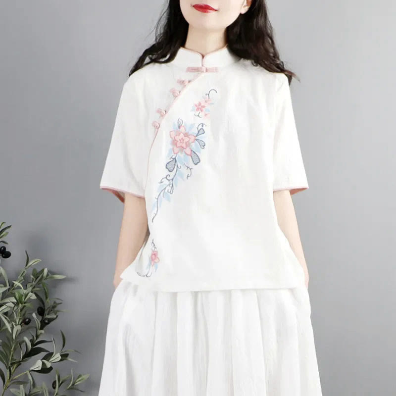 Chemise femme en coton et lin à manches mi-longues et col mandarin avec broderie de fleurs et Buddha Stones - Neige - US12，UK/AU16，EU44 (3XL) - image 6