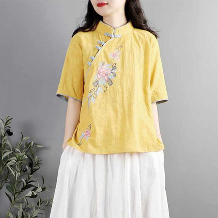 Chemise femme en coton et lin à manches mi-longues et col mandarin avec broderie de fleurs et Buddha Stones - image 10