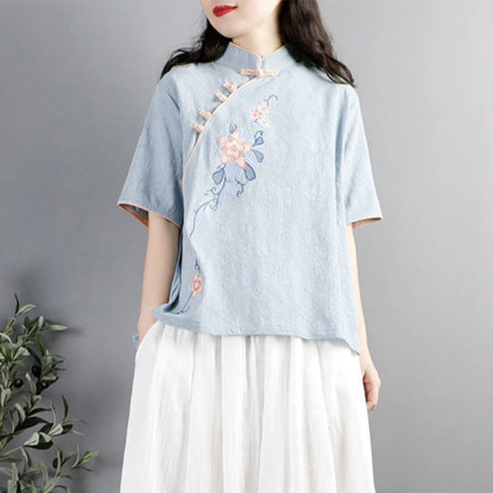 Chemise femme en coton et lin à manches mi-longues et col mandarin avec broderie de fleurs et Buddha Stones - image 2
