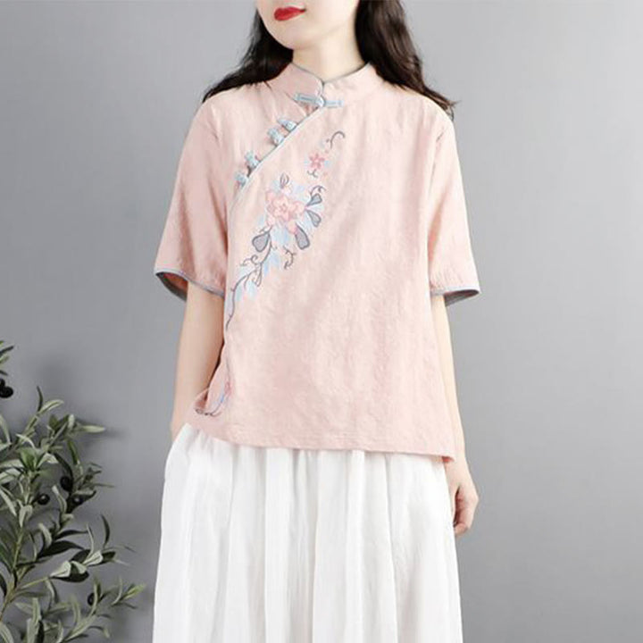 Chemise femme en coton et lin à manches mi-longues et col mandarin avec broderie de fleurs et Buddha Stones - image 5