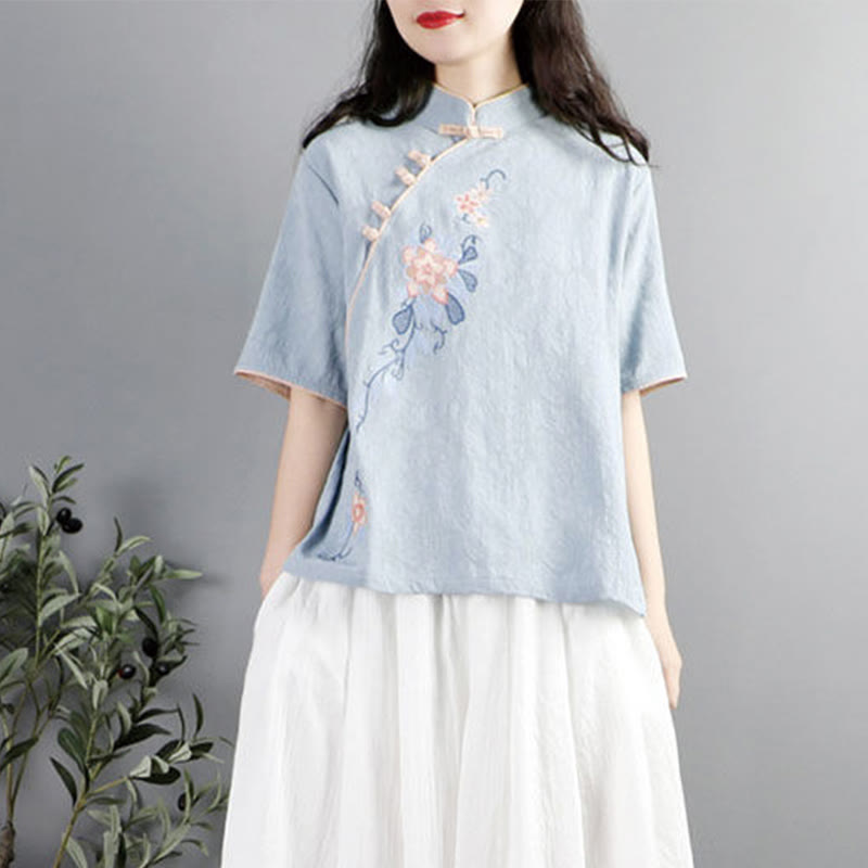 Chemise femme en coton et lin à manches mi-longues et col mandarin avec broderie de fleurs et Buddha Stones - image 1