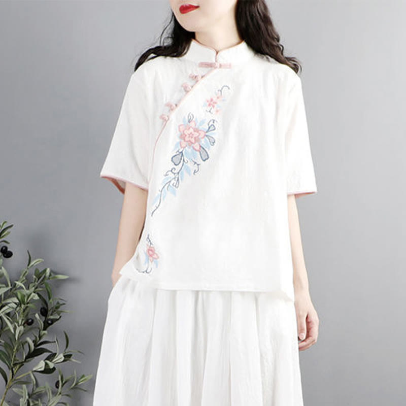 Chemise femme en coton et lin à manches mi-longues et col mandarin avec broderie de fleurs et Buddha Stones - image 8