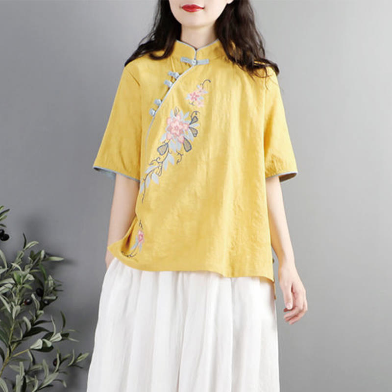 Chemise femme en coton et lin à manches mi-longues et col mandarin avec broderie de fleurs et Buddha Stones - image 11