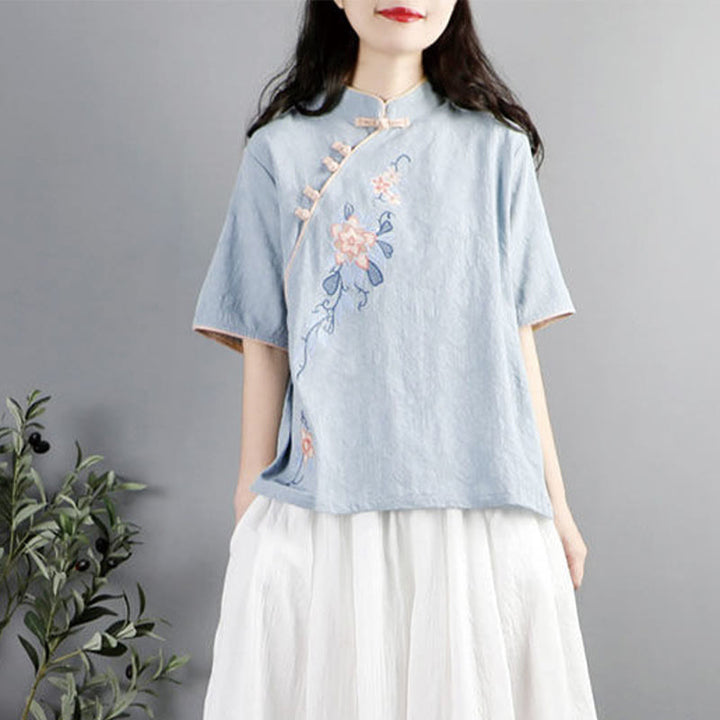 Chemise femme en coton et lin à manches mi-longues et col mandarin avec broderie de fleurs et Buddha Stones - Bleu ciel clair - US12，UK/AU16，EU44 (3XL) - image 0