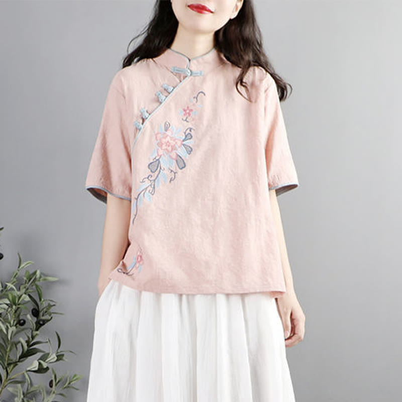 Chemise femme en coton et lin à manches mi-longues et col mandarin avec broderie de fleurs et Buddha Stones - MistyRose - US12，UK/AU16，EU44 (3XL) - image 3