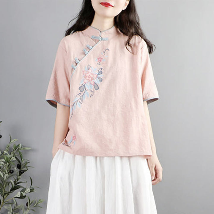 Chemise femme en coton et lin à manches mi-longues et col mandarin avec broderie de fleurs et Buddha Stones - MistyRose - US12，UK/AU16，EU44 (3XL) - image 3