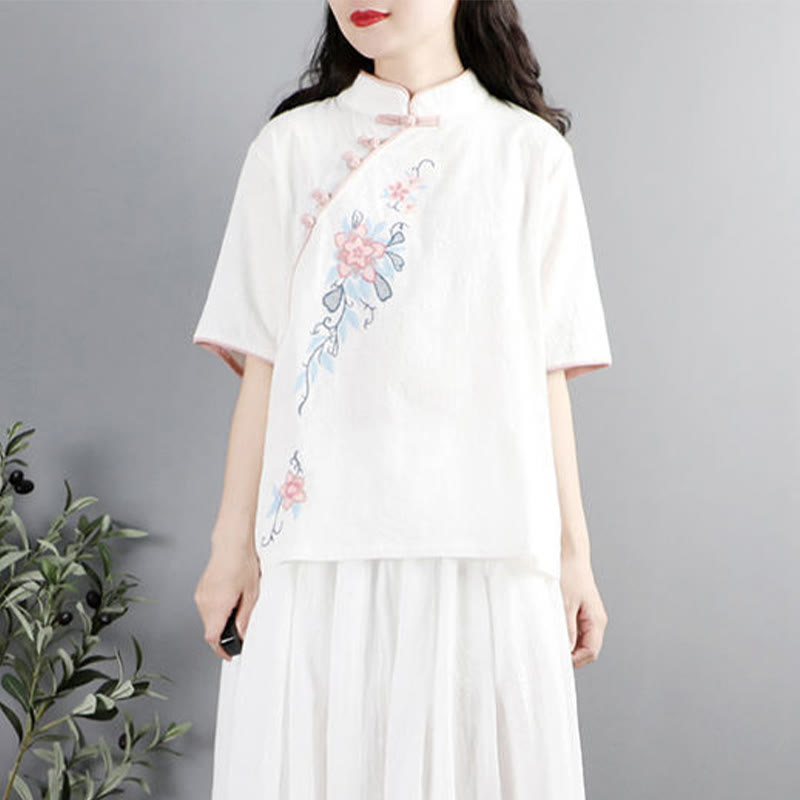 Chemise femme en coton et lin à manches mi-longues et col mandarin avec broderie de fleurs et Buddha Stones - image 7