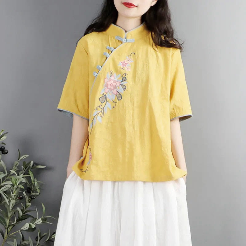Chemise femme en coton et lin à manches mi-longues et col mandarin avec broderie de fleurs et Buddha Stones - Jaune - US12，UK/AU16，EU44 (3XL) - image 9