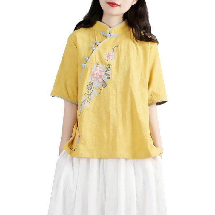 Chemise femme en coton et lin à manches mi-longues et col mandarin avec broderie de fleurs et Buddha Stones - image 12