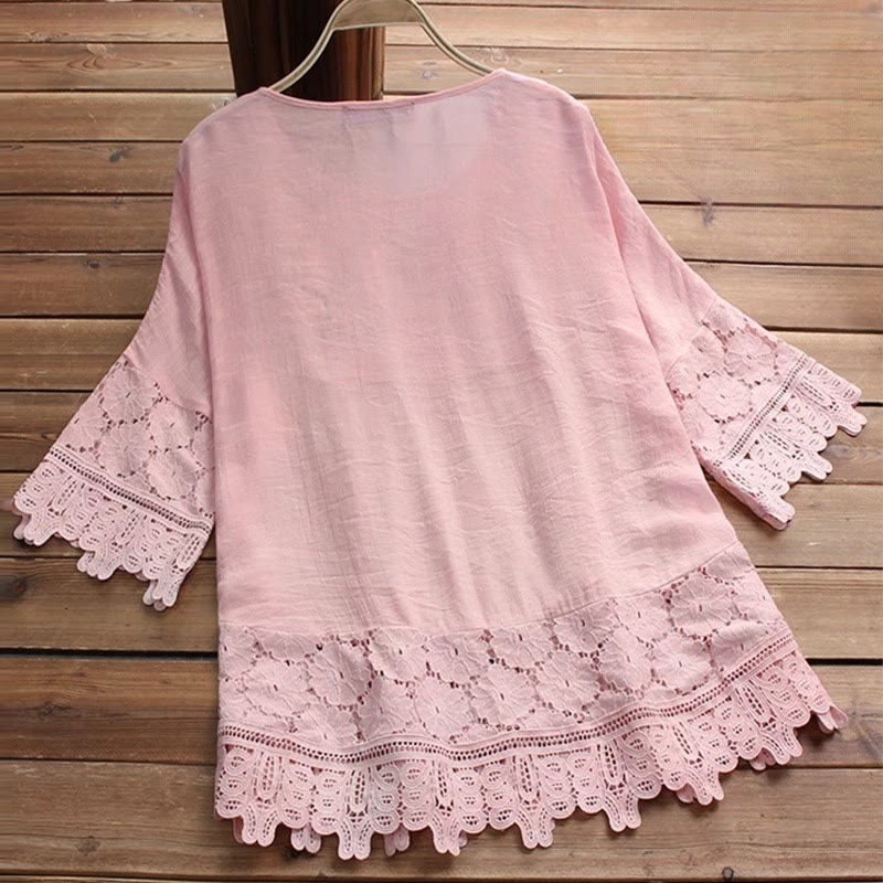 Chemise femme en coton à manches trois-quarts et lacets avec broderie florale vintage et Buddha Stones - image 1