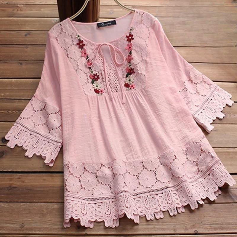 Chemise femme en coton à manches trois-quarts et lacets avec broderie florale vintage et Buddha Stones - Rose clair - US16，UK/AU20，EU48 (5XL) - image 0
