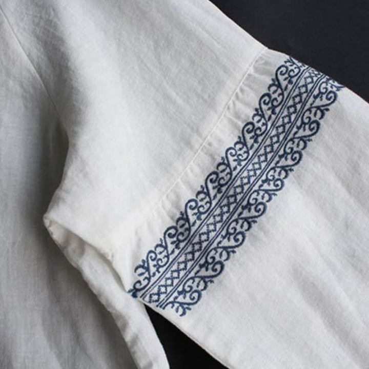 Chemise à manches longues et col ras du cou pour femme, motif ethnique brodé de Buddha Stones et de bohème