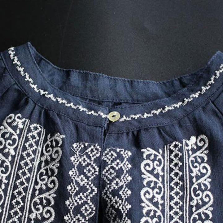 Chemise à manches longues et col ras du cou pour femme, motif ethnique brodé de Buddha Stones et de bohème