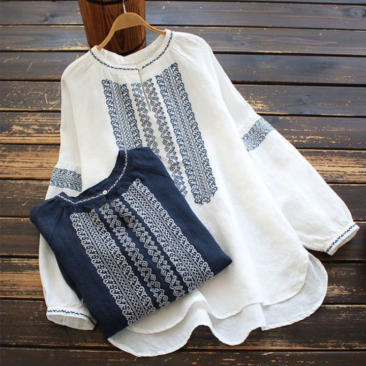 Chemise à manches longues et col ras du cou pour femme, motif ethnique brodé de Buddha Stones et de bohème