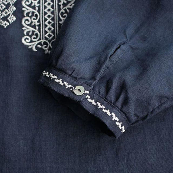 Chemise à manches longues et col ras du cou pour femme, motif ethnique brodé de Buddha Stones et de bohème